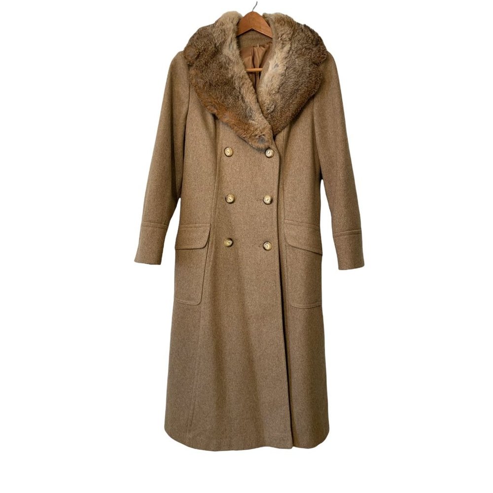 Sears Fashion Camel-Colored, Wool Coat, Fur Collar, Size 14